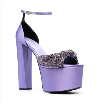 Фиолетово-Розовая складка, Хрустальный узел, Босоножки на платформе с острым носком, Украшенные стразами, Женские Свадебные туфли для новобрачных