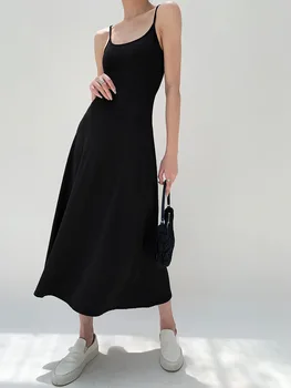 Черное женское платье на подтяжках, приталенный крой, лето 2023, новая юбка-качалка большого размера, до талии, тонкий трикотаж, универсальная длинная юбка