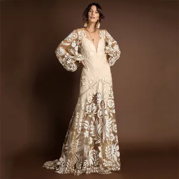 Элегантные вечерние платья для женщин 2023 Pantern, длинный кружевной рукав, V-образный вырез без спинки, длинное платье-халат для свадебного гостя 원피스